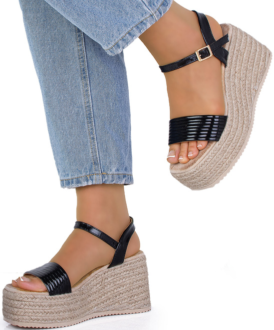CZARNE DAMKSIE SANDAŁY NA KOTURNIE ESPADRYLE AUBRIA 4
