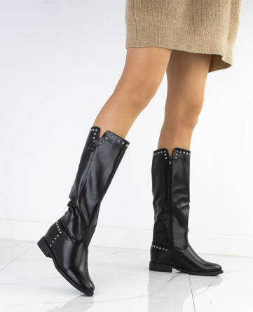 CZARNE SKÓRZANE KOZAKI Z ĆWIEKAMI