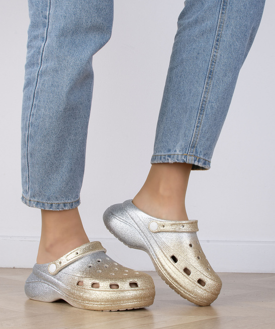 ZŁOTE BROKATOWE DAMSKIE PIANKOWE KLAPKI NA GRUBEJ PODESZWIE CITRA 7