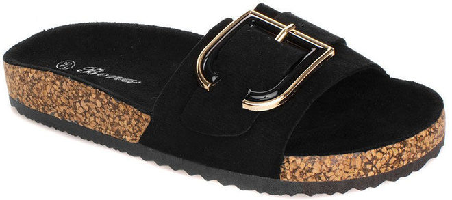 CZARNE ZAMSZOWE KLAPKI NA KORKU Z KLAMRĄ  VERONI 1