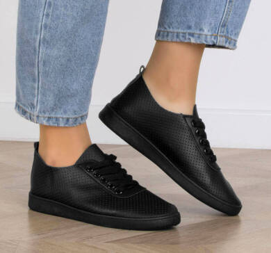CZARNE DAMSKIE SKÓRZANE AŻUROWE TRAMPKI TENISÓWKI FLORA