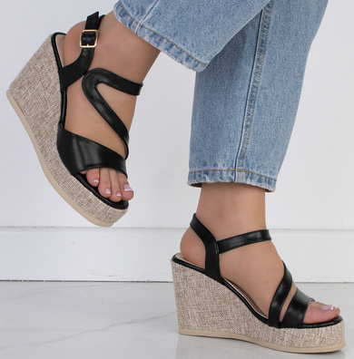 CZARNE SANDAŁY SKÓRZANE NA KOTURNIE ESPADRYLE MAFI