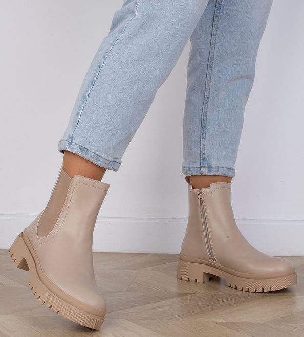 BEŻOWE SKÓRZANE BOTKI SZTYBLETY NA PLATFORMIE GUMMI 5