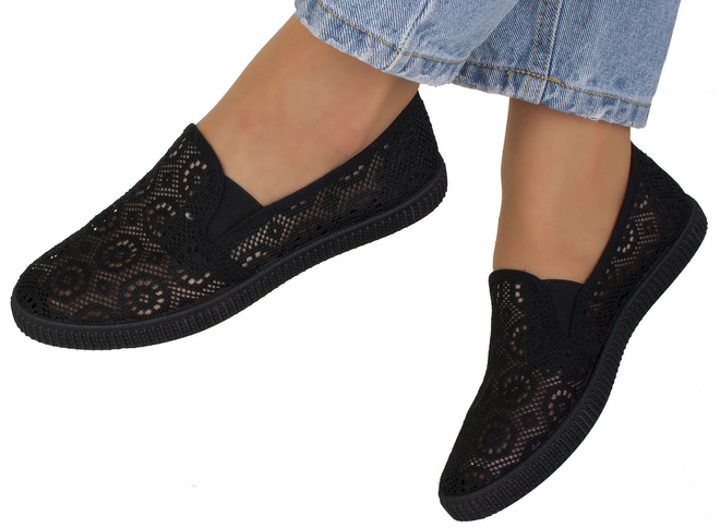 CZARNE DAMSKIE BALERINKI TENISÓWKI KORONKOWE ALMOR 4