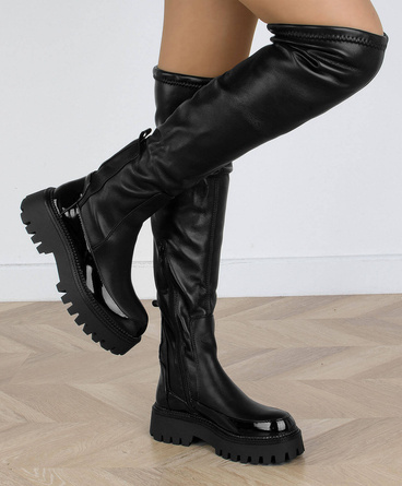 CZARNE SKÓRZANE KOZAKI NA ZAMEK NA PLATFORMIE SUE