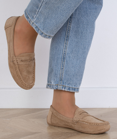 BEŻOWE MOKASYNY ZAMSZOWE DAMSKIE WSUWANE DESIRE