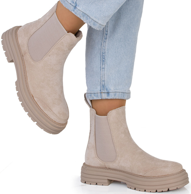 DAMSKIE BEŻOWE ZAMSZOWE BOTKI WSUWANE SZTYBLETY FALL 1