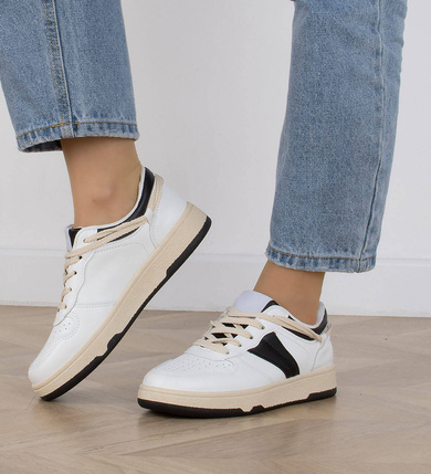 BIAŁE SNEAKERSY TRAMPKI SKÓRZANE CZARNE WSTAWKI ALIVIA