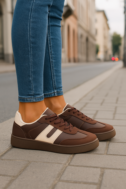 BRĄZOWE DAMSKIE SNEAKERSY TRAMPKI SKÓRZANE SZNUROWANE BEAR