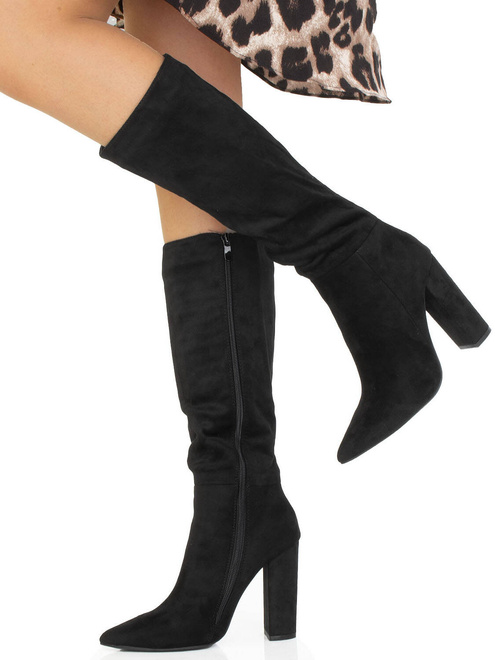 CZARNE ZAMSZOWE KOZAKI W SZPIC NA SŁUPKU LYNDA 2