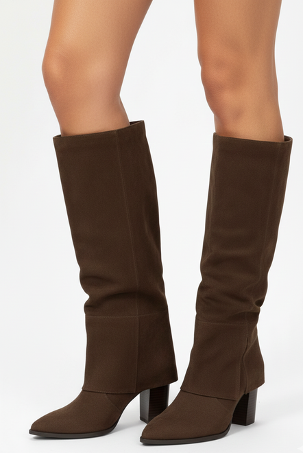 DAMSKIE BRĄZOWE WYSOKIE KOZAKI ZAMSZOWE NA SŁUPKU