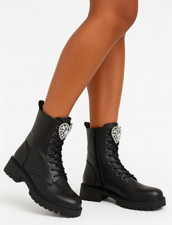 DAMSKIE CZARNE SKÓRZANE BOTKI TRAPERY NA PLATFORMIE GRANDA