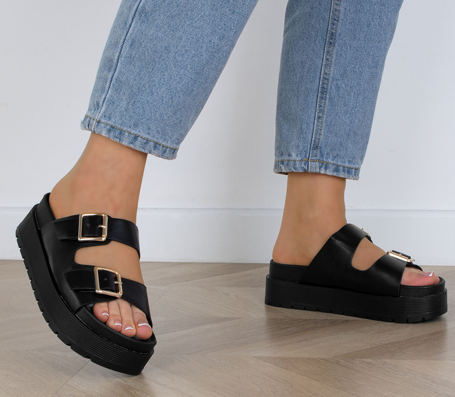 CZARNE KLAPKI KLAMRA SKÓRZANE GRUBA PODESZWA IMELDA 7