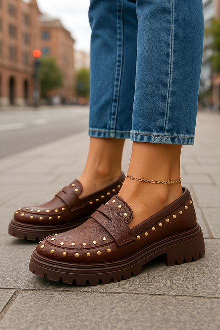 DAMSKIE BRĄZOWE PÓŁBUTY MOKASYNY Z DŻETAMI EBELINA 2