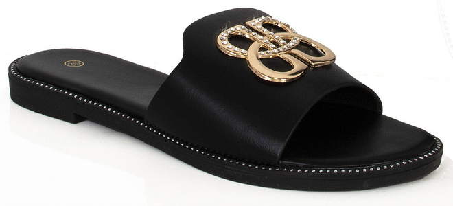 CZARNE DAMSKIE SKÓRZANE KLAPKI ELEGANCKIE OZDOBA PRIMA 1