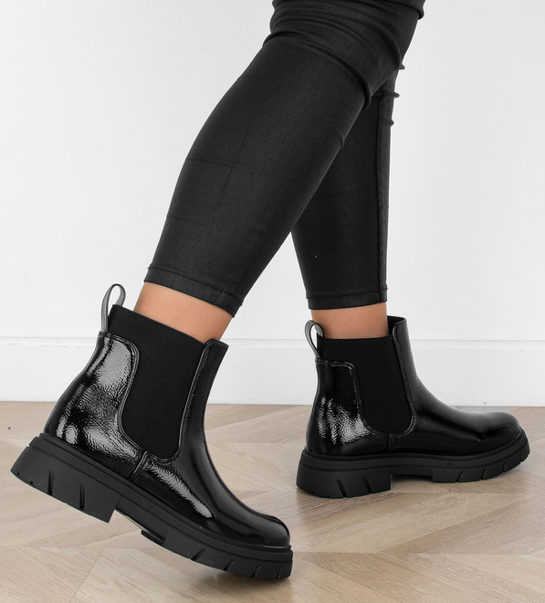 CZARNE DAMSKIE BOTKI LAKIEROWANE PLATFORMA WSUWANE SZTYBLETY CUSHY 6