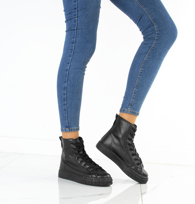 CZARNE SKÓRZANE TRAMPKI BOTKI PLATFORMA ANILA