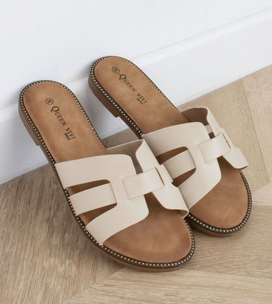 BEŻOWE KLAPKI DAMSKIE SKÓRZANE PASKI WSUWANE DANIELA