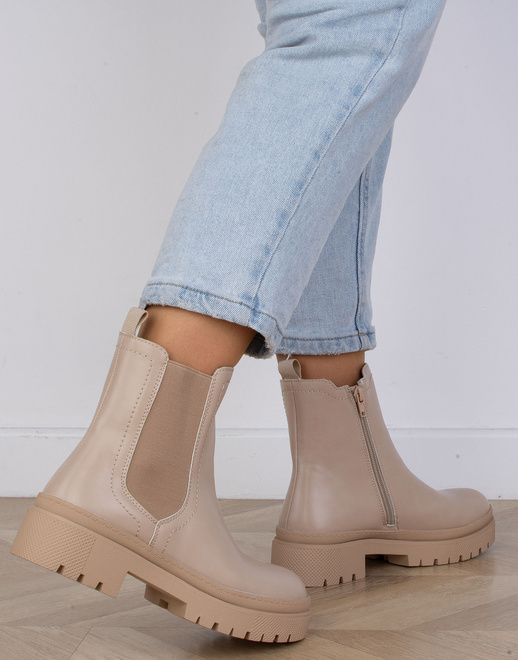 BEŻOWE SKÓRZANE BOTKI SZTYBLETY NA PLATFORMIE GUMMI 6