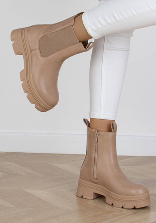 BEŻOWE SKÓRZANE BOTKI SZTYBLETY NA PLATFORMIE ELOJZA