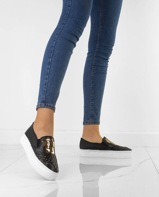 CZARNE TRAMPKI TENISÓWKI AŻUROWE SLIP ON  8