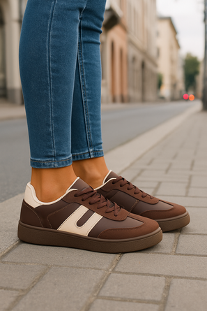 BRĄZOWE DAMSKIE SNEAKERSY TRAMPKI SKÓRZANE SZNUROWANE BEAR