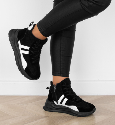 DAMSKIE CZARNE SZNUROWANE SNEAKERSY OCIEPLANE DIAM