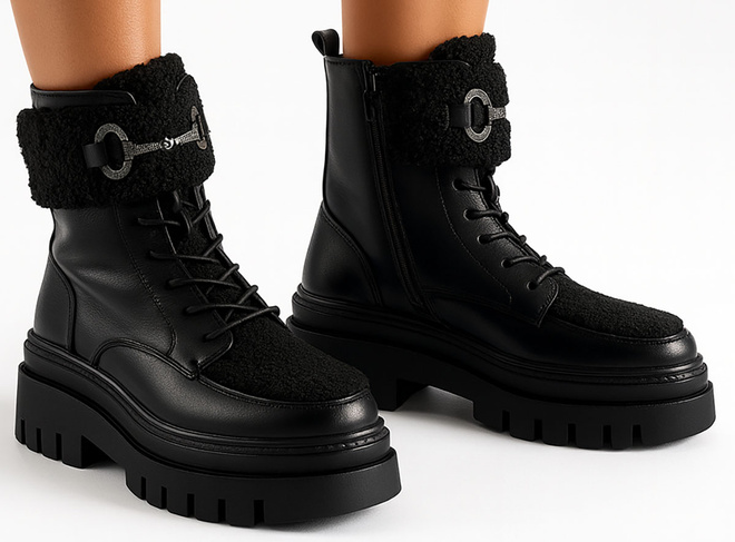 CZARNE BOTKI SKÓRZANE OCIEPLANE TRAPERY ZAMEK GASI 4