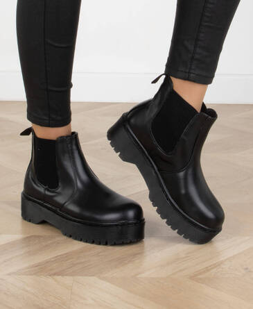 CZARNE SKÓRZANE BOTKI SZTYBLETY KLASYCZNE NA PLATFORMIE FENELLA