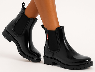 CZARNE DAMSKIE KRÓTKIE KALOSZE LAKIEROWANE SZTYBLETY BESIEL