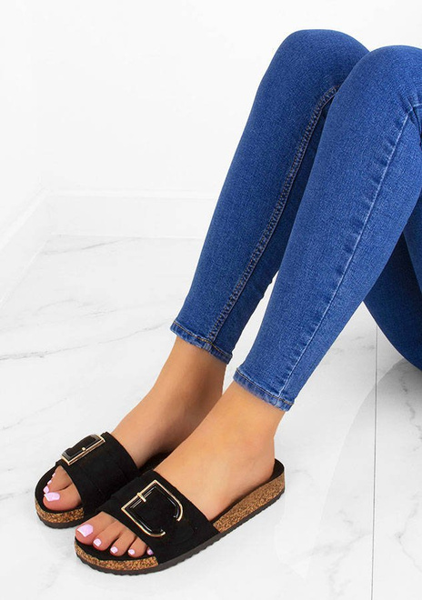 CZARNE ZAMSZOWE KLAPKI NA KORKU Z KLAMRĄ  VERONI 3