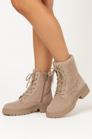 DAMSKIE BEŻOWE ZAMSZOWE BOTKI TRAPERY Z KOŻUSZKIEM TULARA