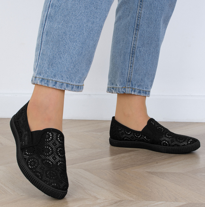 CZARNE DAMSKIE BALERINKI TENISÓWKI KORONKOWE ALMOR