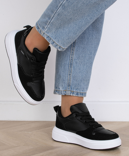 CZARNE TRAMPKI SNEAKERSY NA PLATFORMIE SISAL