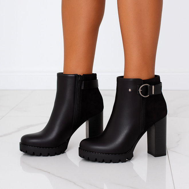  SKÓRZANE CZARNE BOTKI NA OBCASIE SŁUPKU  OCIEPLANE NESTIA 4