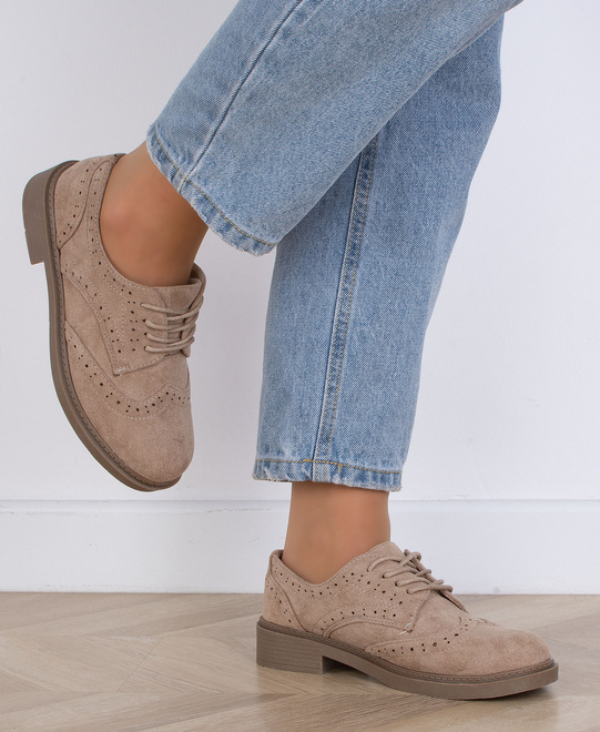 BEŻOWE PÓŁBUTY ZAMSZOWE DAMSKIE SZNUROWANE GREST