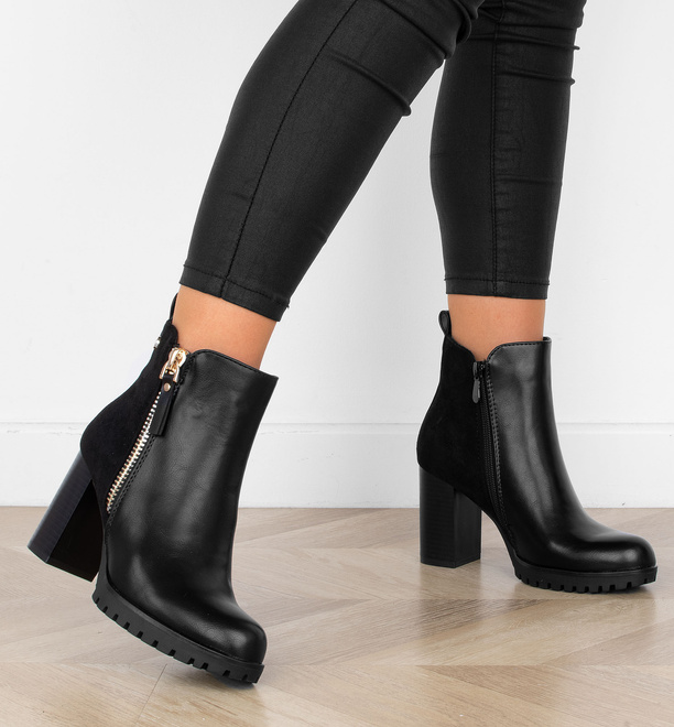 CZARNE DAMSKIE BOTKI NA SŁUPKU SKÓRZANE NA ZAMEK FUFI 5