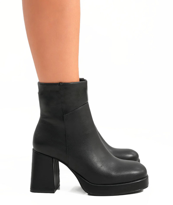  SKÓRZANE CZARNE BOTKI NA OBCASIE NA PLATFORMIE OCIEPLANE VELMIRE