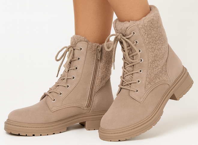 DAMSKIE BEŻOWE ZAMSZOWE BOTKI TRAPERY Z KOŻUSZKIEM TULARA 4