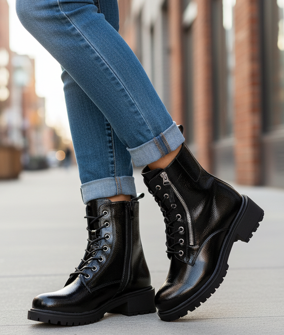 CZARNE  DAMSKIE BOTKI OCIEPLANE GLANY LAKIEROWANE ADORA