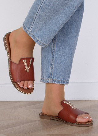 CAMEL DAMSKIE SKÓRZANE KLAPKI ELEGANCKIE OZDOBA FRANKLIN