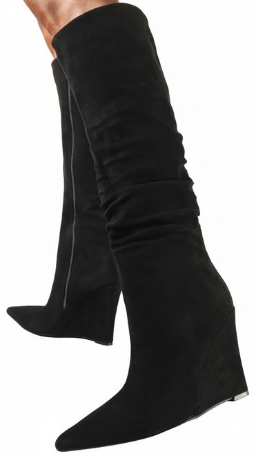 DAMSKIE CZARNE ZAMSZOWE KOZAKI NA KOTURNIE W SZPIC FIONELLA 5