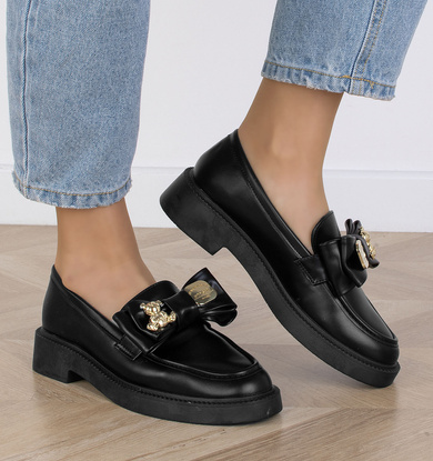 CZARNE MOKASYNY MATOWE Z KOKARDKĄ MEL