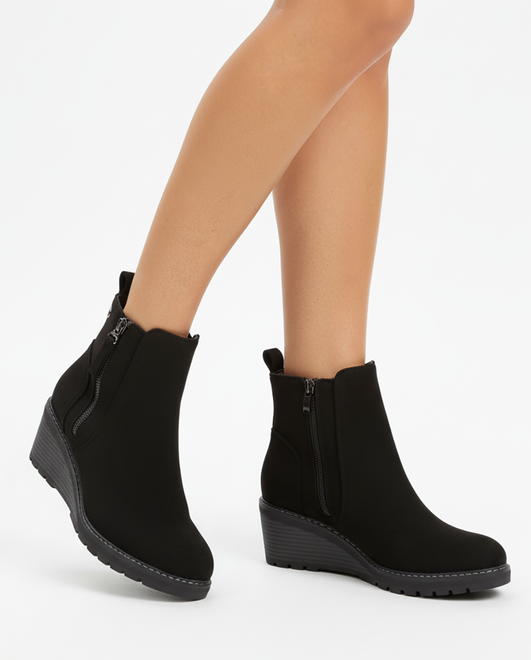 DAMSKIE CZARNE ZAMSZOWE BOTKI NA KOTURNIE CAMELIA