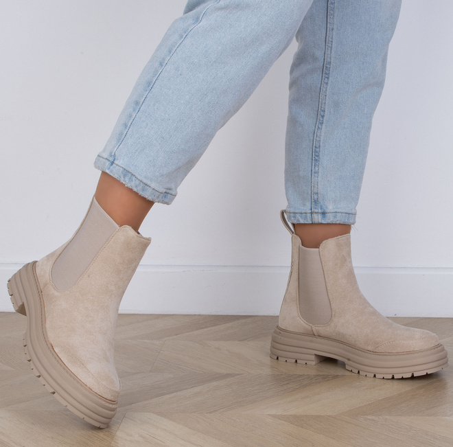 DAMSKIE BEŻOWE ZAMSZOWE BOTKI WSUWANE SZTYBLETY FALL 5