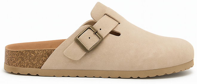 BEŻOWE KLAPKI Z KLAMRAMI ZAMSZOWE NA KORKU MOROKI 1