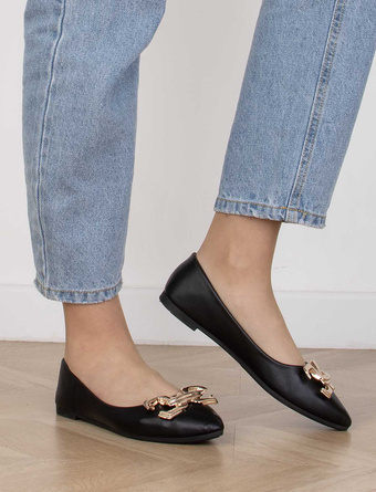 CZARNE BALERINKI PÓŁBUTY ZŁOTA OZDOBA EKOSKÓRA ZIMBA