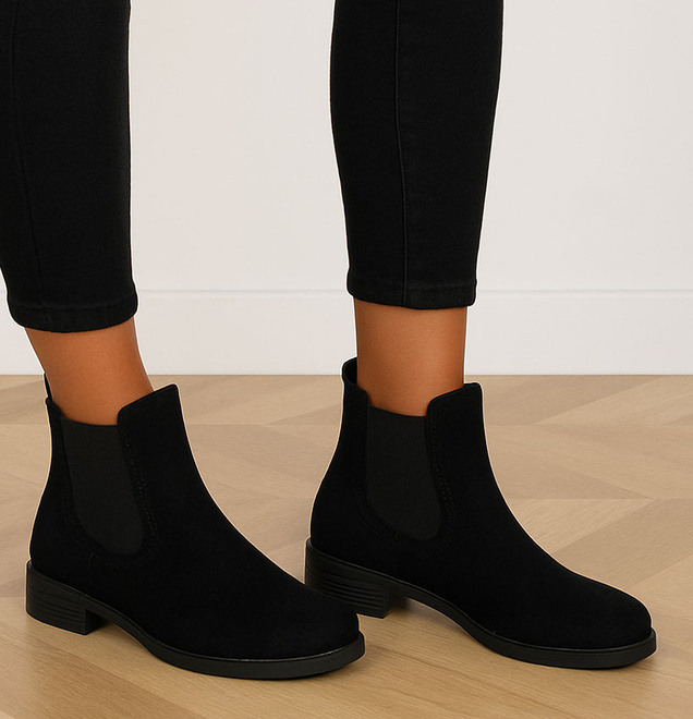 CZARNE BOTKI SZTYBLETY ZAMSZOWE KLASYCZNE WSUWANE DOLORES