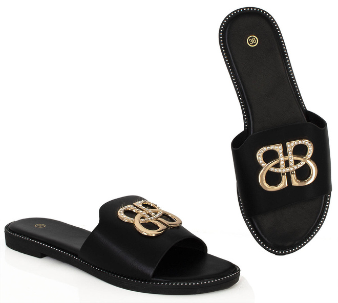 CZARNE DAMSKIE SKÓRZANE KLAPKI ELEGANCKIE OZDOBA PRIMA 2