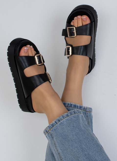 CZARNE KLAPKI KLAMRA SKÓRZANE GRUBA PODESZWA IMELDA